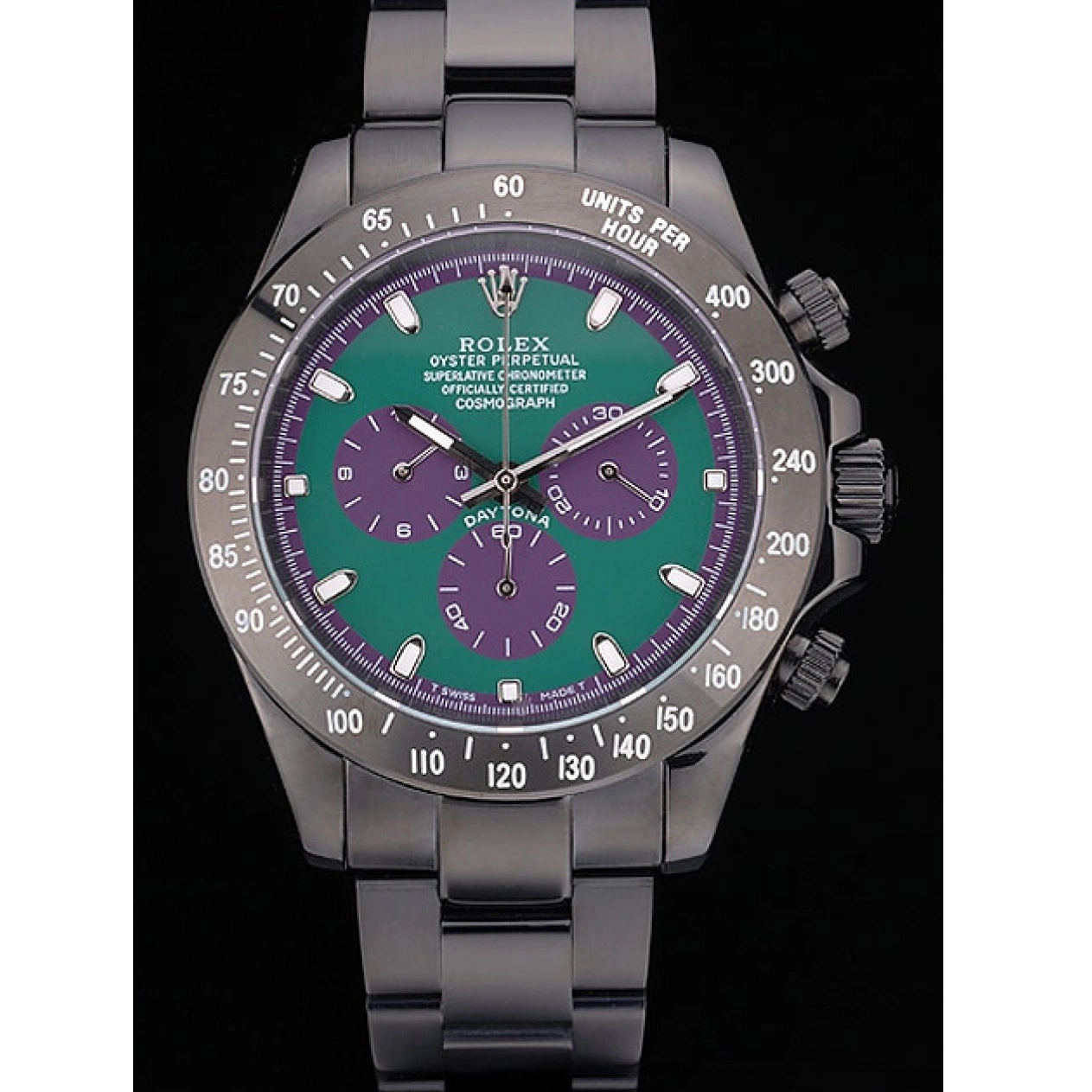 Aaa replica watch 80246 Dial Steel Plated Ion Black Rolex Daytona Strap Stainless Black Green Tachymeter 0626